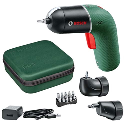 Bosch atornillador a batería IXO Set 6a generación, verde, con adaptadores angular y excéntrico IXO, CONTROL DE VELOCIDAD variable, recargable con cable micro-USB, en maletín blando