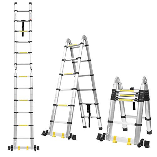 FIXKIT 3.8M Escalera Plegable Aluminio, Escalera Telescópica(1,9M+1,9M), Escalera Alta Multifuncional Portátil para Loft,12 Escalones Antideslizantes y Ruedas en Parte Inferior, 150kg