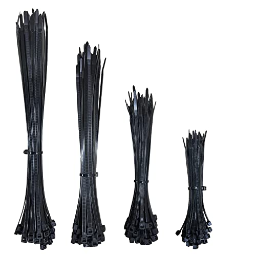 Bridas Plastico para Cables (200 unidades). Surtido de Sujeta Cables de Plastico en 4 Medidas Distintas, color Negro. De calidad y resistentes