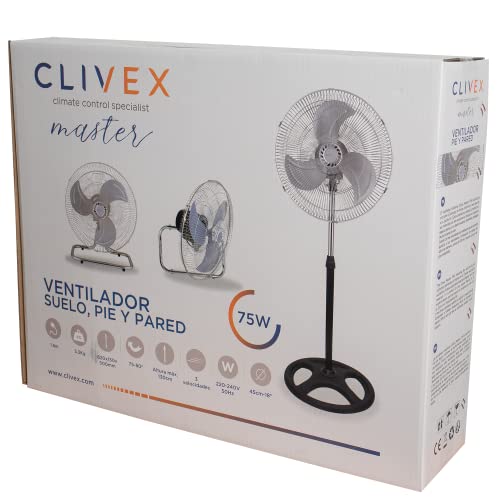 Clivex Ventilador Industrial Oscilante Master 45cm (75W) Incluye 3 soportes (Suelo, pie y colgar en pared) aspas de metal