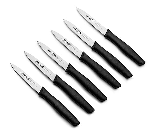 Arcos Serie Nova -Cuchillos para pelar, Hoja de Acero Inoxidable NITRUM de 100 mm, Mango de Polipropileno, Color Negro, 6 Unidades ( Paquete de 1)