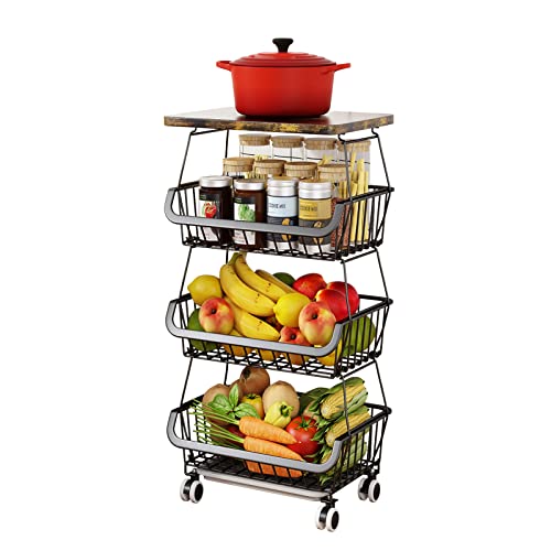 Cesta de frutas de 4 niveles para cocina, carrito de almacenamiento de frutas y verduras con ruedas superiores de madera Cesta de alambre de metal para cebollas Patatas Contenedores para cocina
