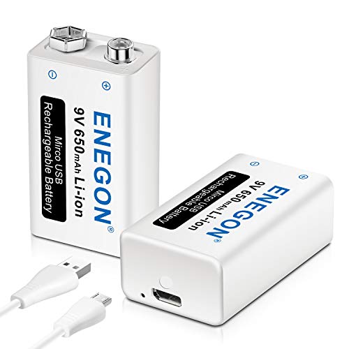 ENEGON 9V USB Directa Recargable Batería 650mAh Lito-Ion con Cable Micro USB 2 en 1 para Micrófonos, Alarma de Humos, Juguetes electrónicos, Walkie Talkie y Más aparatos (2 Baterías)