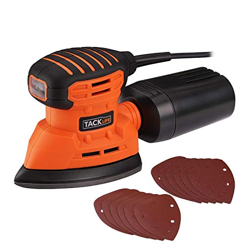TACKLIFE Lijadora Eléctrica 130W 12000RPM con Recogida de Polvo Eficiente y 12 Lijas (80 y 180 Granos) Conectada a Aspiradora de 35mm