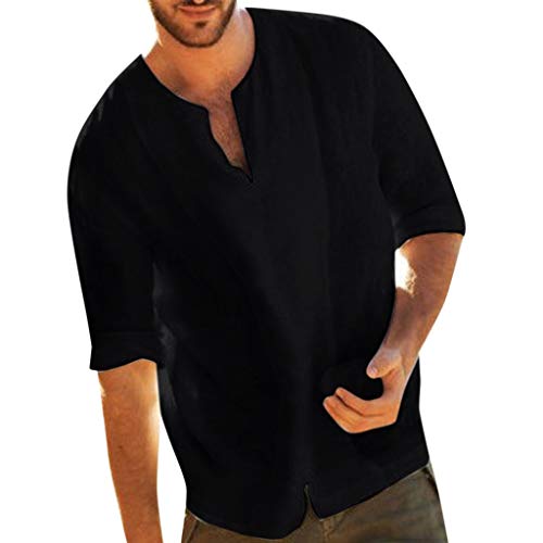 TUDUZ Camisetas Hombre Manga Larga Camisa Casual de Algodón y Lino en Color Liso Tops Mangas Siete Cuartos Ropa con Cuello en V (Negro XL)