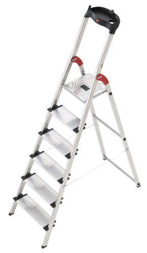 Hailo XXL - Escalera doméstica de aluminio, peldaños extra anchos, bandeja multifuncional, gancho para cubo y pinza para cable (6 peldaños)