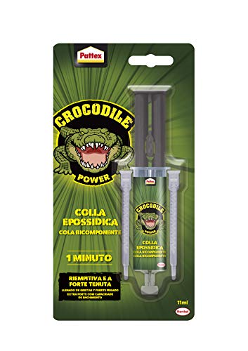 Pattex Crocodile Power Cola Bicomponente 1 Min, resina epoxi con jeringa con mezcla instantánea, pegamento epoxi rápido – Incluso para superficies irregulares, 1x11ml