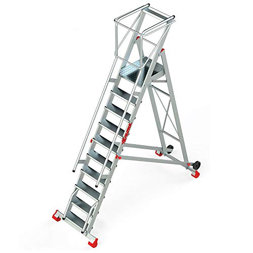 Faraone - Escalera Plegable - Escalera 10 Peldaños - 410x100x82cm - Escalera Almacén 300/SMT - con Plataforma y Ruedas - Fabricada en Aluminio - Uso Profesional - con Barandillas de Seguridad