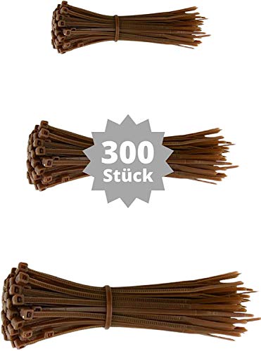 djb - Juego de bridas para cables (300 unidades, calidad industrial, surtido de 100/140/200 mm), color marrón