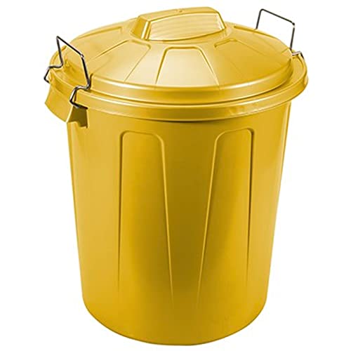 Tradineur - Cubo de basura de plástico, tapa y asas, contenedor de residuos, papelera, reciclaje, industrial, hogar (Amarillo, 51 litros)