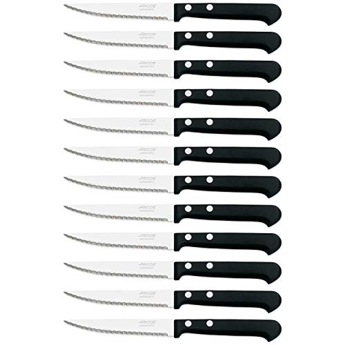 Arcos 803000-DUN14 - Set de cuchillos (12 unidades) de carne para mesa, hoja de nitrum, acero inoxidable, 110 mm, mango de nailon, color negro, 12 piezas, y plástico
