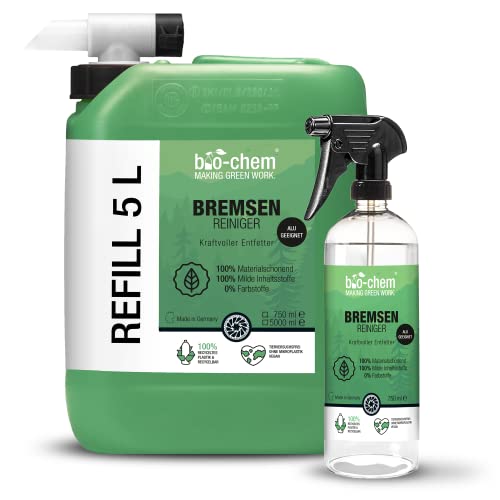 BioChem - Limpiador de frenos (5,75 L, 5 L, bote de 5 L, botella de spray de 750 ml, válvula de drenaje, para coche, moto y bicicleta, potente desengrasante para frenos de disco