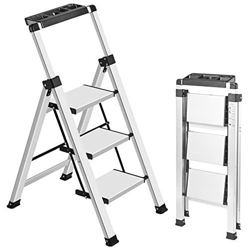 XinSunho Escalera plegable de 3 peldaños con pasamanos extensible, taburete de aluminio, escalera portátil antideslizante para el hogar y la oficina, soporta hasta 150 kg