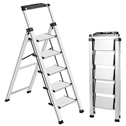 XinSunho Escalera plegable de 5 peldaños con pasamanos extensible, escalera de aluminio antideslizante, escalera portátil para casa y oficina, soporta hasta 150 kg
