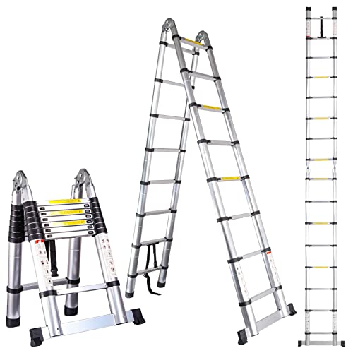 EXGOO Escalera Telescópica Aluminio 3,8m (1,9+1,9) Doble Cara Escalera Plegable Multipropósito, Máxima 150 kg, EN131