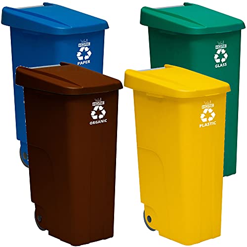 Pack reciclaje Contenedor Wellhome Reciclo 110 litros cerrado c/u: 440 litros totales, en 4 contenedores, en colores azul/verde/amarillo/marrón