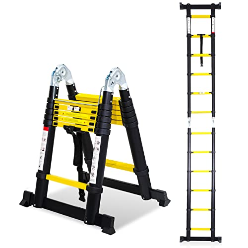 Lospitch 3.8m Escalera Plegable Aluminio, Escaleras Telescópicas Antideslizante Extensible multifunción, Carga máxima: 150 kg, Escaleras de Uso múltiple (1,9 + 1,9 M) Color Negro y Amarillo