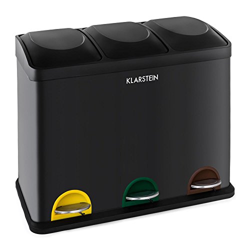 Klarstein Ökosystem Cubos de Basura para Reciclaje 45L (3 basureros de 15 litros,Mecanismo de Pedal, identificación por Colores) - Negro