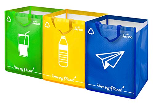 Janaa Cubo de Basura de Reciclaje Selectivo para El Reciclaje de Residuos de Vidrio, Plástico y Metal + Bolsa de Dones (azul amarillo verde)