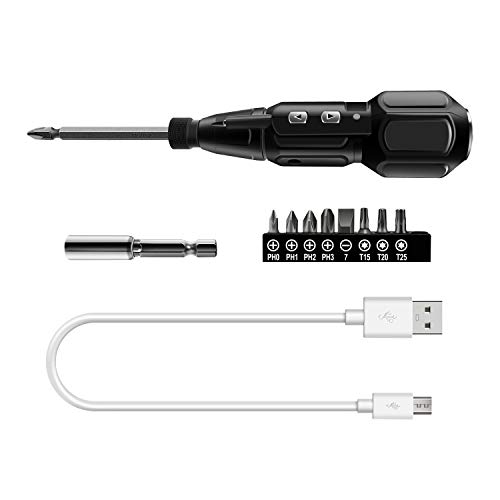 KONKY Destornillador Electrico 3.6 V, Mini Atornillador Electrico Recargable con LED Luz Cable USB und Portabrocas de extensión & 8 puntas de tornillo
