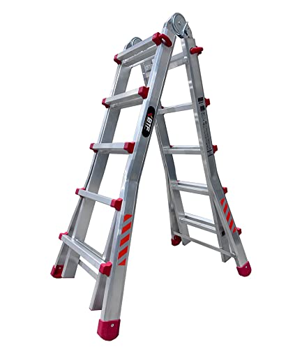 BTF Escalera Plegable Telescópica Articulada 5x4 en Aluminio | Hasta 18 peldaños, altura en tijera 2,29 metros y en apoyo 4,73. Certificada Normativa EN131, Capacidad Máxima 150 kg. BTF-TS55