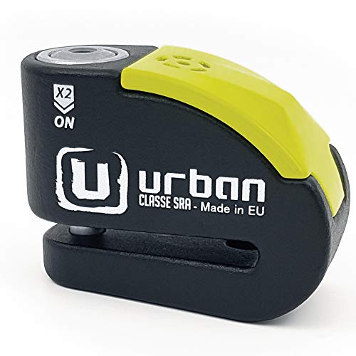 urban Security UR10 candado antirrobo Disco con Alarma 120dba + Warning, Alta Seguridad Homologado CLASSE Sra, Eje 10 mm, Made in EU, Negro/Amarillo