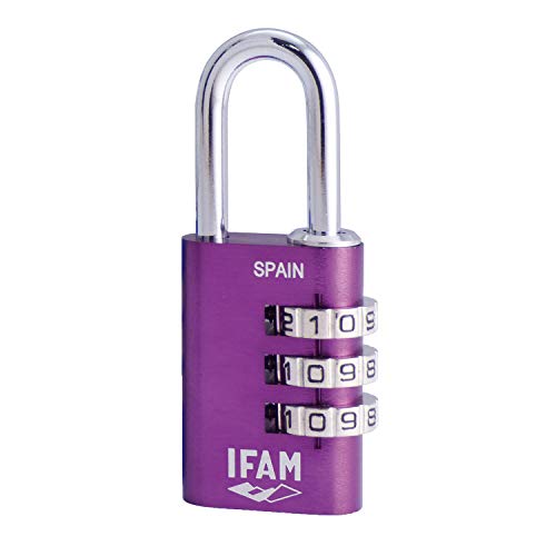 IFAM Col Combi20 (000612P) – Candado de combinación, 20mm, color violeta, 3 rodillos (1.000 combinaciones), cuerpo aluminio, arco diámetro 3mm, candado para maleta, viaje, gimnasio, taquilla, colegi