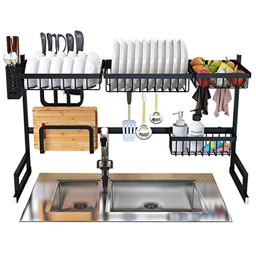 BRIAN & DANY Escurreplatos sobre fregadero, organizador de almacenamiento de acero inoxidable multifuncional con soporte para utensilios de cocina, 85 x 32 x 52 cm
