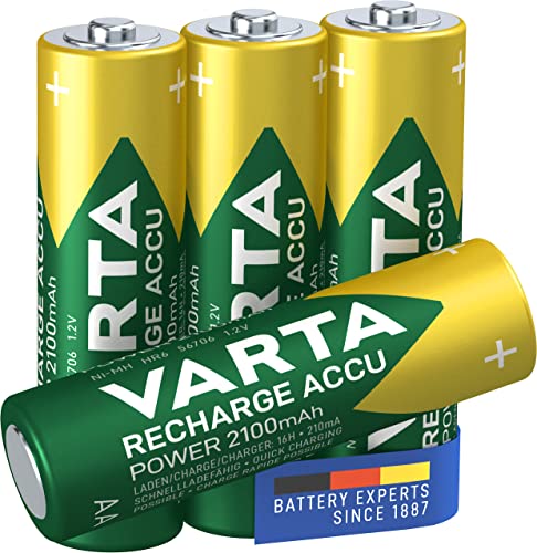 VARTA Pilas AA, recargables, paquete de 4, Recharge Accu Power, batería recargable, 2100 mAh Ni-MH, sin efecto memoria, precargadas, listas para usar