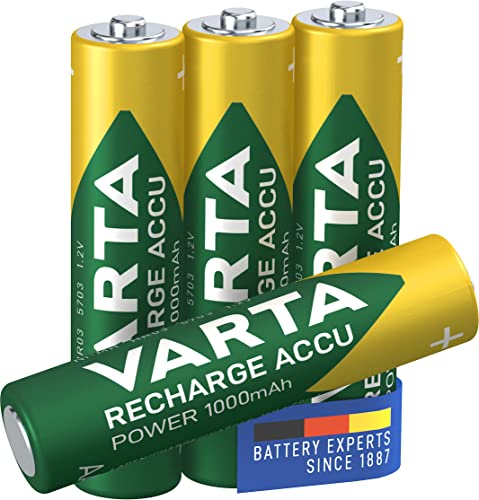 VARTA Pilas AAA, recargables, paquete de 4, Recharge Accu Power, batería recargable, 1000 mAh Ni-MH, sin efecto memoria, precargadas, listas para usar