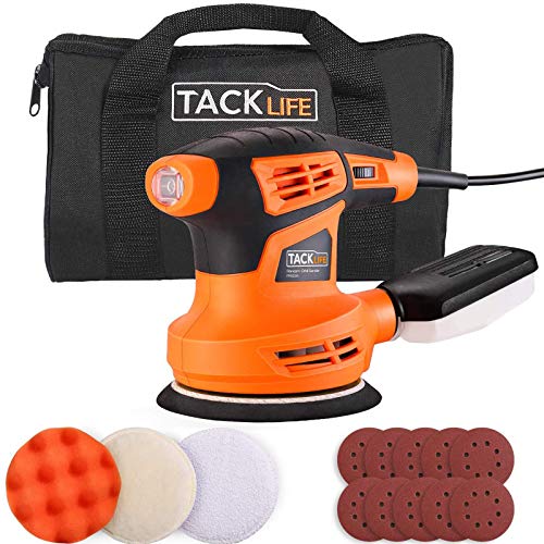 TACKLIFE Lijadora Orbital, Lijadora Eléctrica de 6 Velocidades Variables 280W, 10PCS Lijas y 3PCS Almohadillas de Pulido, Máquina de Lijado con Caja de Recolección de Polvo para Lijar y Pulir PRS02A