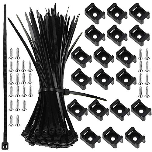 PLCatis 100 Piezas Bridas para Cable Plástico Kit Soporte de Nylon para Cable Autobloqueante Negro con 100 Abrazaderas y Tornillos para Organizar Cables