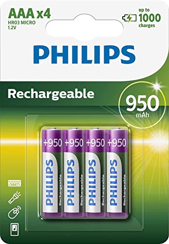 PHILIPS Pilas AAA - Pilas Recargables HR03 - NiMH 1.2V - 1000 Recargas - 950mAh