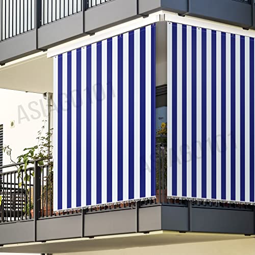 Toldo de rayas para balcón, porche o terraza, con anillas y ganchos, tejido resistente de exterior, tamaño 145 x 250 cm, aprox. color azul y blanco