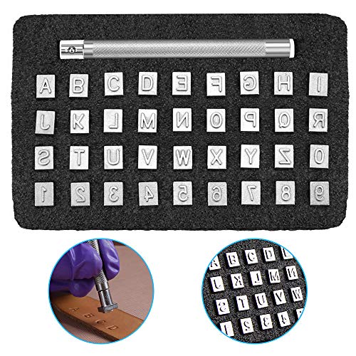 GOLRISEN - 37 piezas de sellos de piel con alfabeto de la A a la Z, 3 mm, sello numérico de 0 a 9, sello de 6,5 mm, sello para manualidades