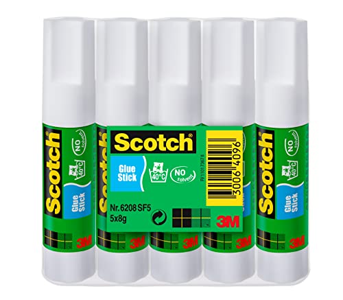 Scotch Pegamento de Barra, 5 Barras de 8g - Para Uso Adhesivo para el Colegio, el Hogar y la Oficina - Sin Disolvente, Lavable
