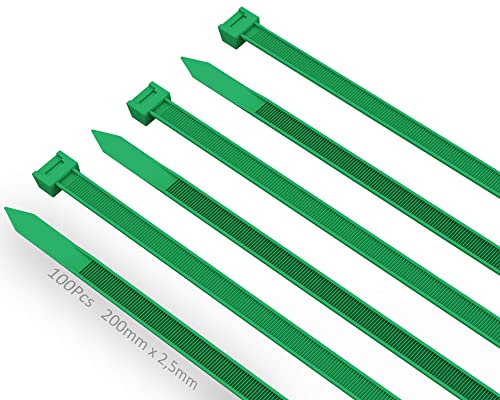 Bridas Plastico Verdes 200mm x 2,5mm 100 Piezas, Nailon Plástico de Alto Rendimiento Brida, Resistentes a los Rayos UV Bridas Cables de Nylon Autoblocantes para Horticultura Redes de Jardín Domésticas