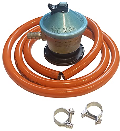 Regulador gas butano Con Salida de 30 mbar + tubo goma 1.5 metros + 1 abrazadera, Kit Homologado de Manguera Butano y Regulador de Gas butano