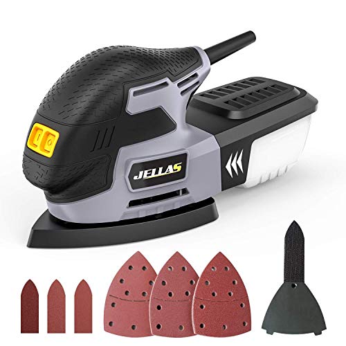 Lijadora Eléctrica 220W - JELLAS Máquina Lijadora Compacta para Madera, 13,000 RPM con Recolección de Polvo, 16 Piezas de Papel de Lija, Lija de Dedo y Almohadilla de Lijado Incluidos, MS01