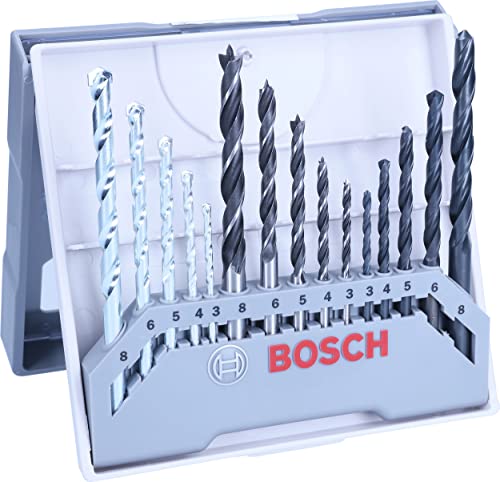 Bosch 15 uds. Set de brocas (para madera, mampostería y metal, Ø 3-8 mm, accesorios para taladro y soporte para taladro)