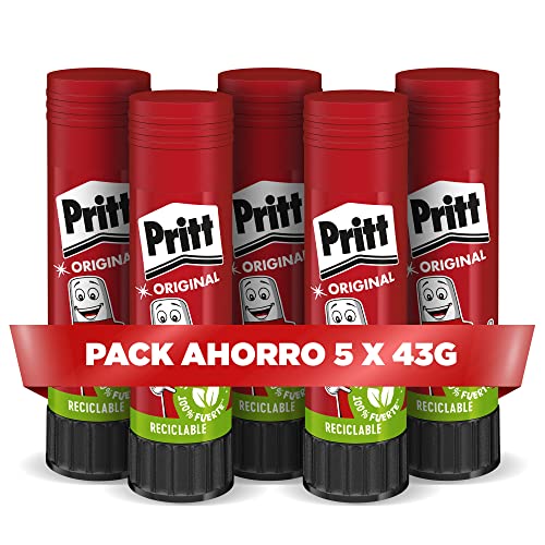 Pritt Stick Barra Adhesiva 43 g (pack de 5), pegamento infantil seguro para niños para manualidades, cola universal de adhesión fuerte para estuche escolar y oficina