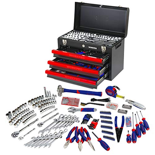 WORKPRO 408piezas Juego de herramientas mecánicas, Caja de herramientas completa para mecánicos con 3 cajones, caja de metal resistente