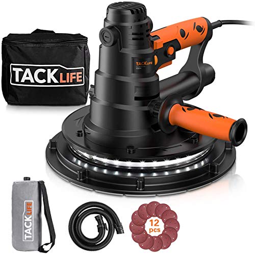 TACKLIFE Lijadora de Pared 800W con Sistema de Autolimpieza y Luz LED, Velocidades Variables 560-2050RPM con 13 Lijas Manguera de Polvo de 2M, Lijadora Techo 225mm con Cable de Alimentación de 4,5M