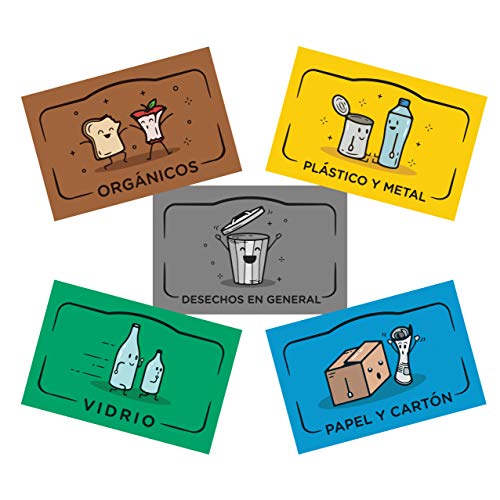 Rekay Pegatinas para el Reciclaje, 5 Etiquetas Adhesivas para Reciclar y Separar Residuos, Etiqueta Cada Cubo de Basura con Adhesivos en Español de 8,5x5,5 cm Cada uno.