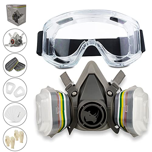 Set de Media Máscara Antipolvo Reutilizable RH-M103 ABEK1 con Gafas, Guantes, 6 Filtros de Protección de Partícular para Gas, Ácido y Amoníaco | Bricolaje Carpintería Vapor y Más