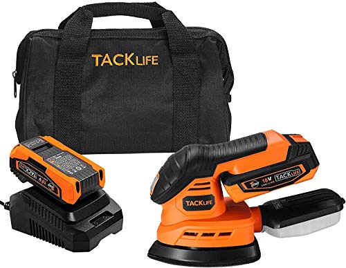 TACKLIFE Lijadora Eléctrica Inalámbrica 18V, 12000 RPM Lijadora Mouse con Batería de Litio de 2.0 Ah y Cargador, 12 Papeles de Lija, Sistema de Recolección de Polvo, Comodidad Inalámbrica PMS01D