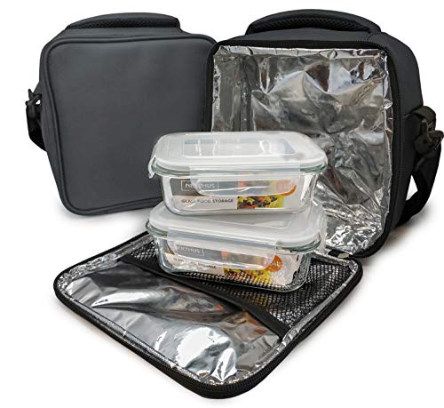 NERTHUS Lunch Bag Fiambrera bolsa termica porta alimentos Gris + 2 tupper, Tela Resistente, Con 2 Herméticos Cristal, Con 2 Tuppers Cristal