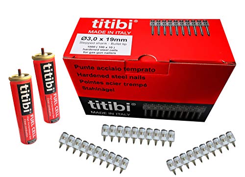 N. 1000 clavos Titbi Ø3,0 x 27 mm, + 2 bombonas de gas (GC11) compatibles 100% con clavadora de gas Hilti : GX 100, GX 100E (adaptador no incluido, utilizar las botellas originales) (Ø 3,0 x 27 mm)