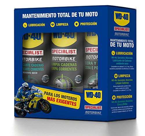 WD-40 Motorbike Pack mantenimiento total de Moto, Lubricante Cadenas + Limpia Cadenas + Cera y Brillo. Óptimo para ambientes Secos. Caja de 3