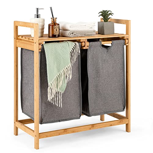 LIFEZEAL Cesta para ropa sucia con 2 compartimentos extraíbles en bambú, cubo para la ropa de baño que ahorra espacio, armario para la ropa sucia, 64 x 33 x 73 cm, natural
